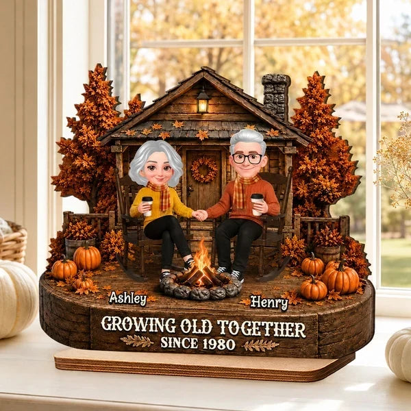 Personalized Wooden Plaque with Holding Hands Couple in Fall Cabin Scene, Unique Gift for Couple
