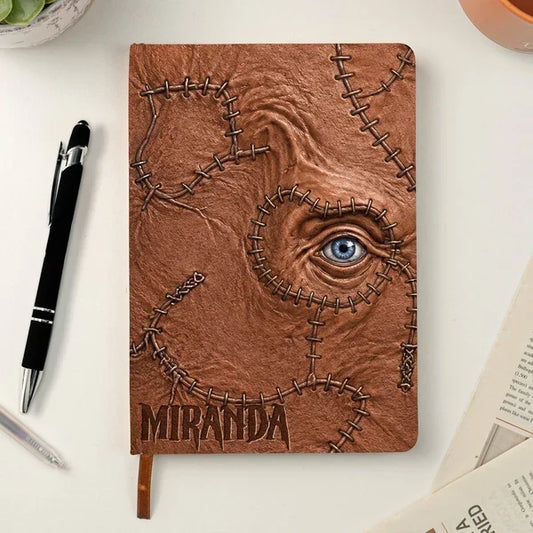 Personalized Leather Journal with Stitched Eye Grimoire Design, Witchy Desk Decor and Unique Gift for Goth Fans