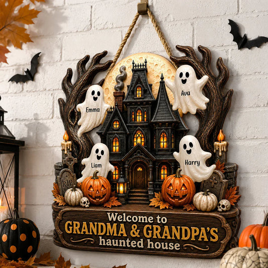 Personalized Wooden Sign with Haunted House Ghosts & Pumpkins, Halloween Door Decor, Unique Gift for Grandparents