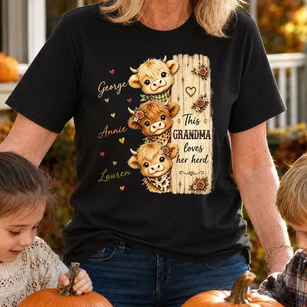 Personalized Grandma Sweatshirt with Highland Cow Herd, Unique Gift for Everyday Family Love