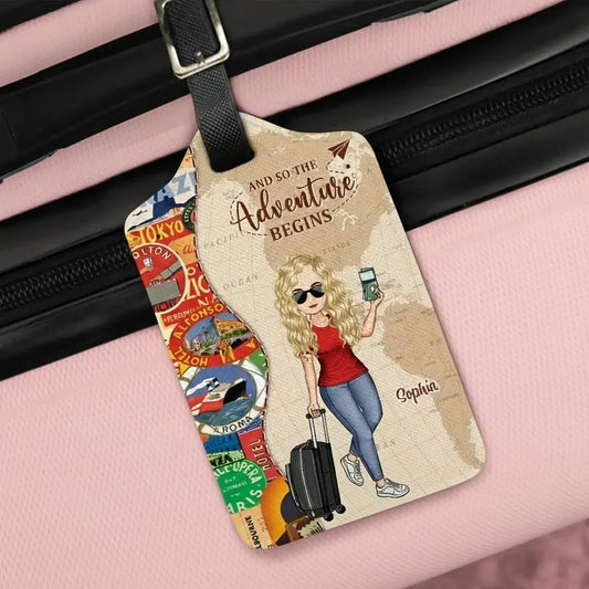 And So The Adventure Begins Leather Luggage Tag, Personalized Travel Accessory for Her with Cartoon Traveler, Stylish Unique Gift for Trips & Cruises
