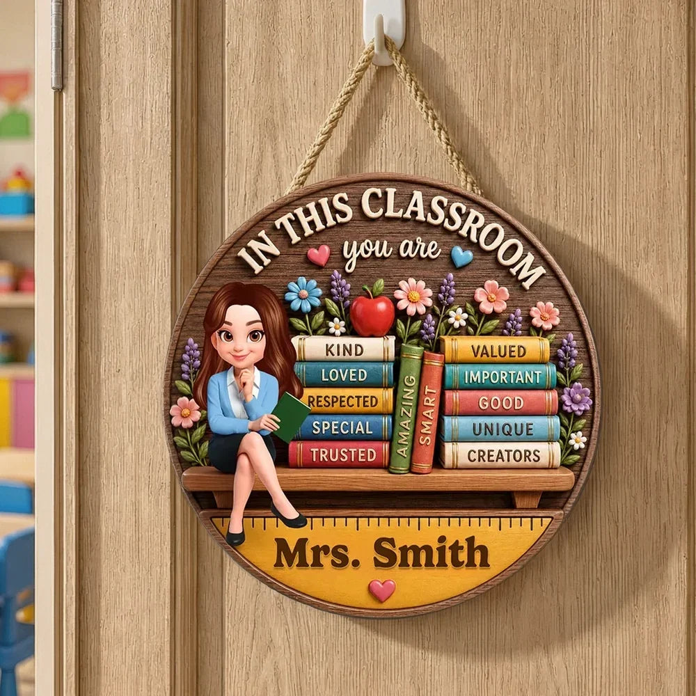 Personalized Teacher And Books Classroom Wooden Sign