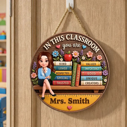 Personalized Teacher And Books Classroom Wooden Sign