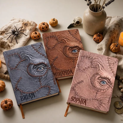 Personalized Leather Journal with Stitched Eye Grimoire Design, Witchy Desk Decor and Unique Gift for Goth Fans