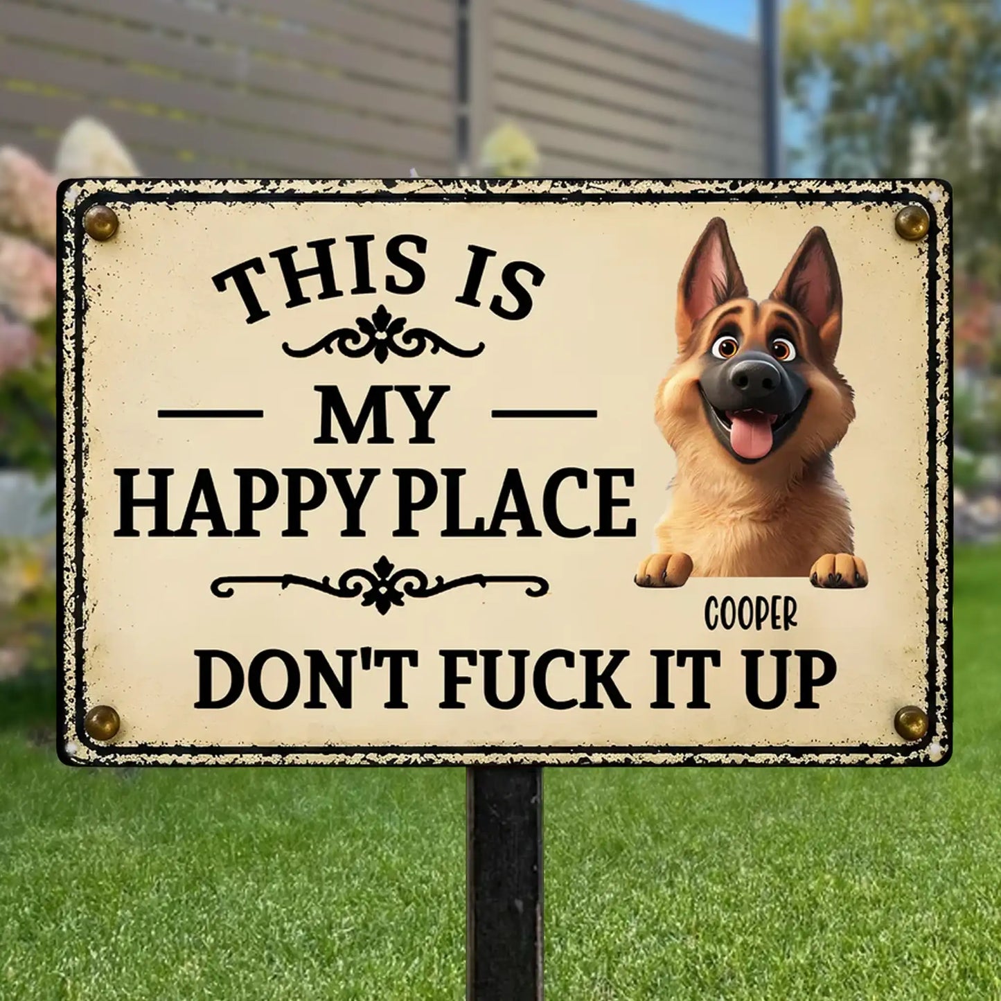 Personalized Playful Dog Happy Place Iron Sign