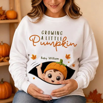 Personalized Baby Pumpkin Sweatshirt, Mom Cradling Baby Bump, Creative Autumn Gift for Mom-to-Be