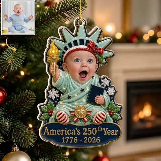 Personalized Acrylic Ornament, Baby Holding a Torch as Statue of Liberty, Unique Christmas Gift for Parents