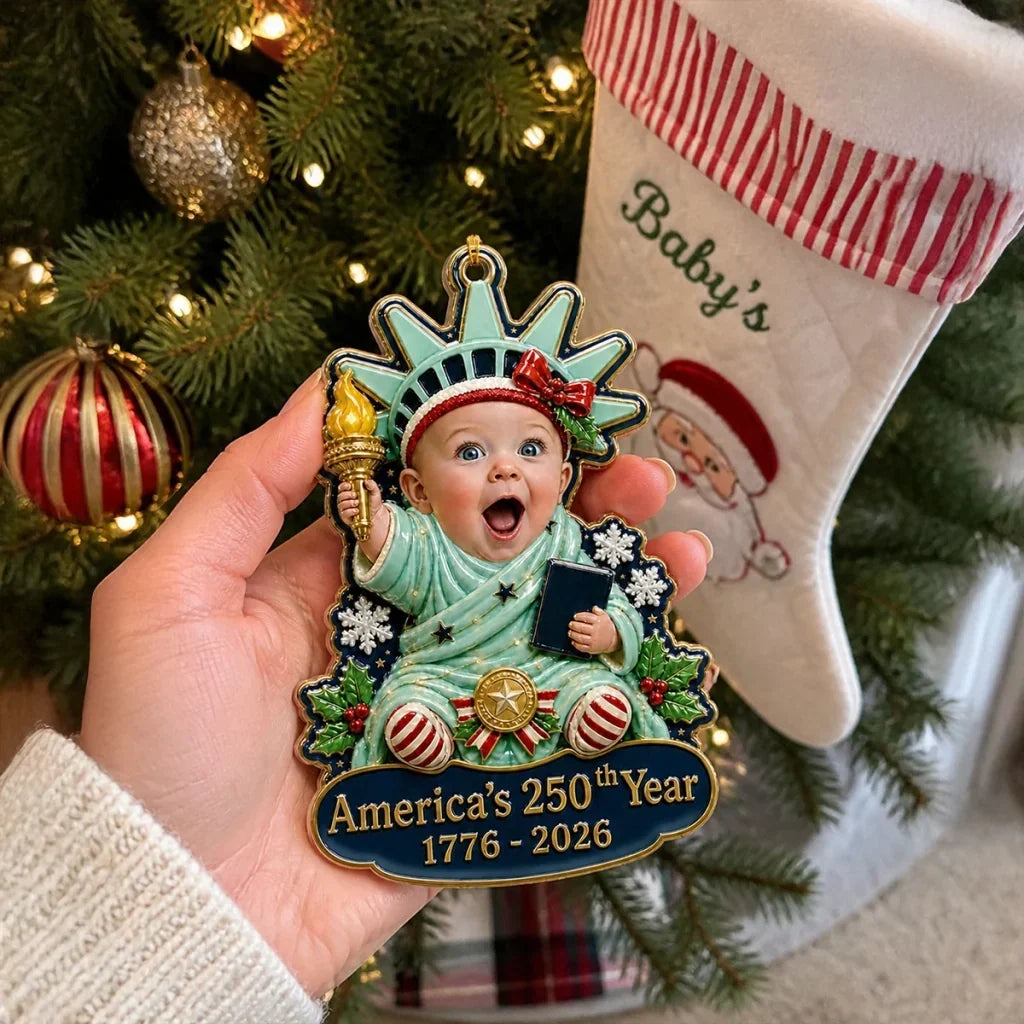 Personalized Acrylic Ornament, Baby Holding a Torch as Statue of Liberty, Unique Christmas Gift for Parents