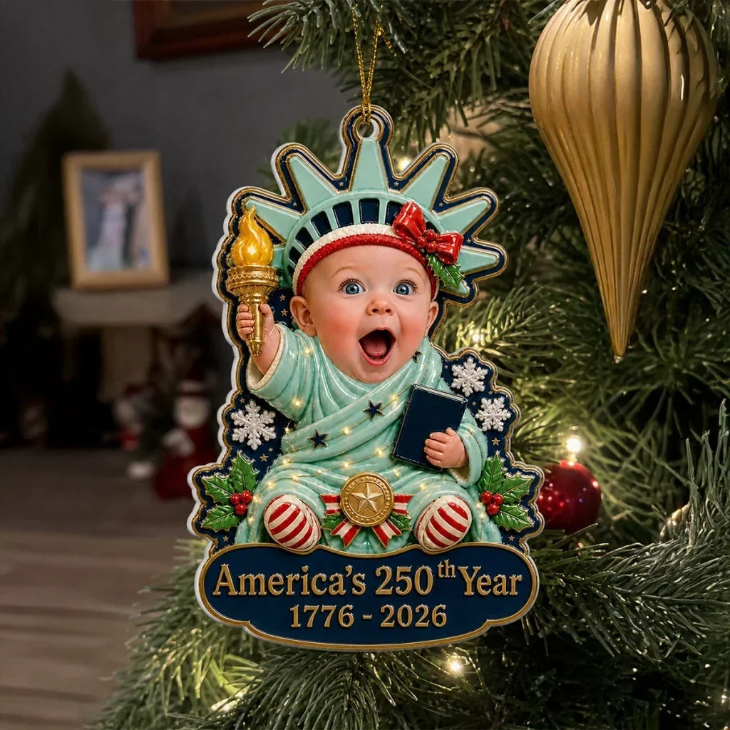 Personalized Acrylic Ornament, Baby Holding a Torch as Statue of Liberty, Unique Christmas Gift for Parents