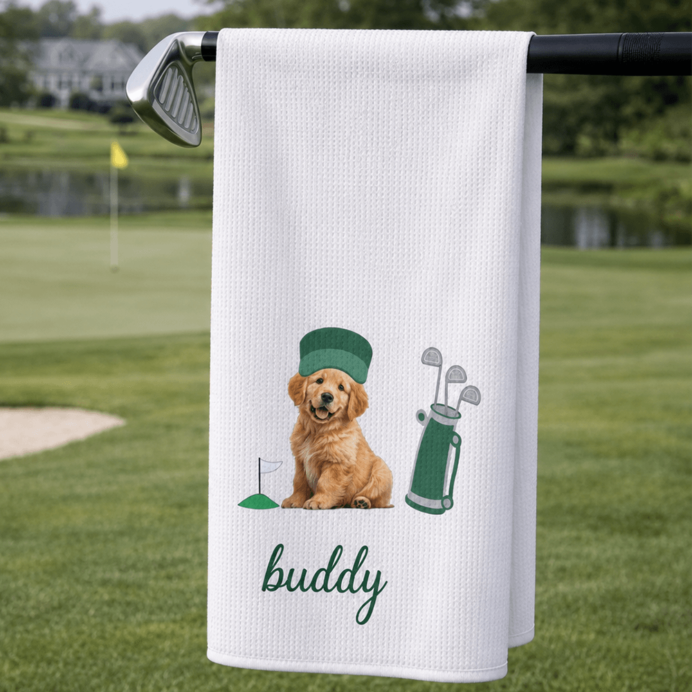 Personalized Dog Golf Towel with Photo & Name, Custom Waffle Weave Towel, Gift for Dog-Loving Golfers
