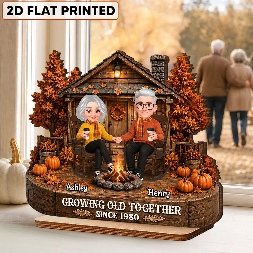 Personalized Wooden Plaque with Holding Hands Couple in Fall Cabin Scene, Unique Gift for Couple