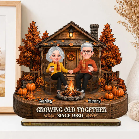 Personalized Wooden Plaque with Holding Hands Couple in Fall Cabin Scene, Unique Gift for Couple