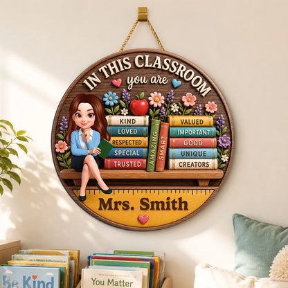 Personalized Teacher And Books Classroom Wooden Sign
