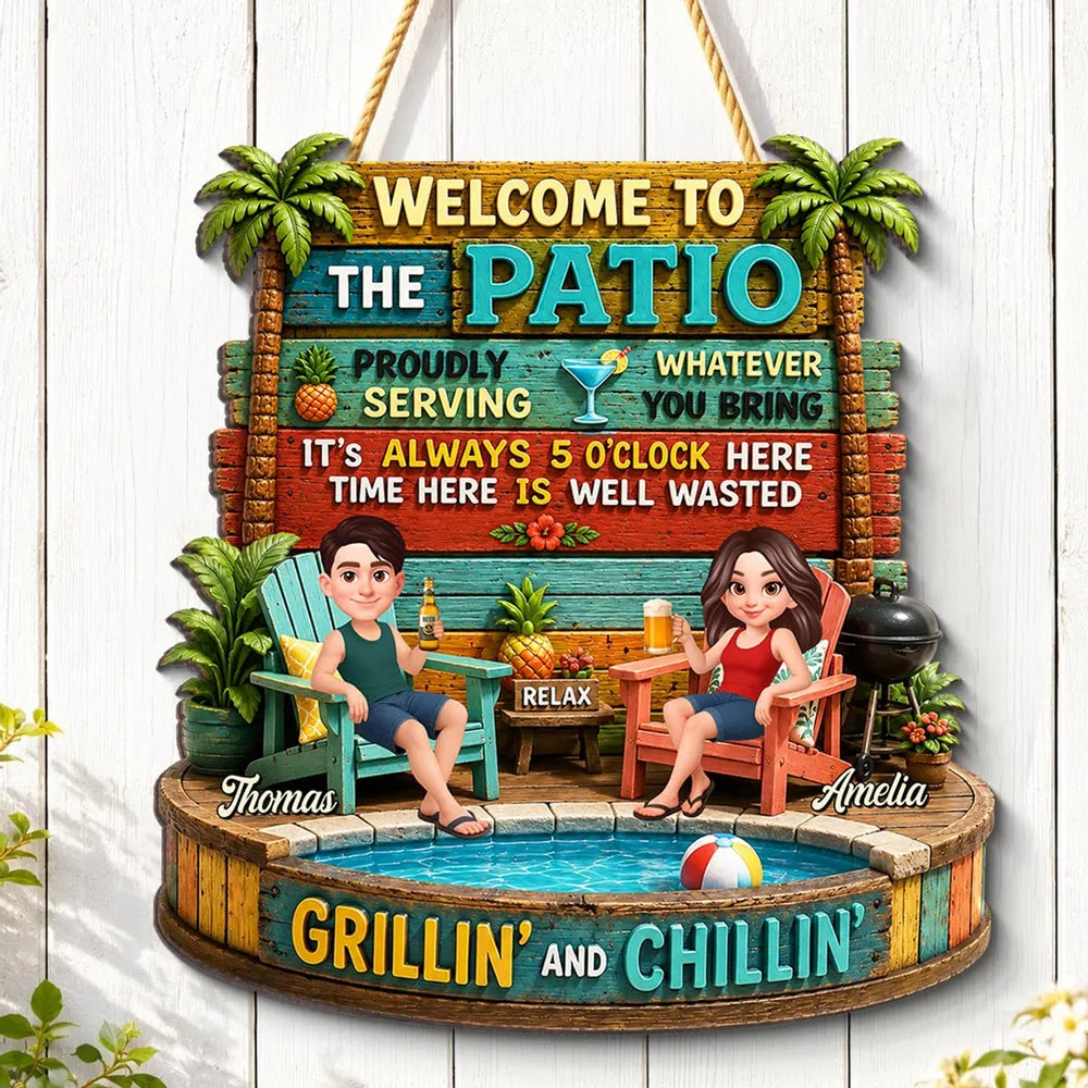 Personalized Wooden Sign with Cartoon Couple Patio Scene, Unique Gift for Couples