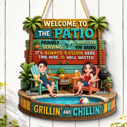 Personalized Wooden Sign with Cartoon Couple Patio Scene, Unique Gift for Couples
