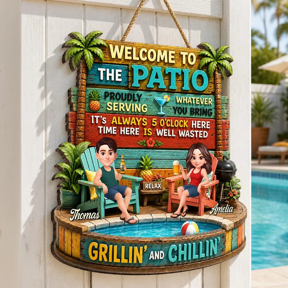 Personalized Wooden Sign with Cartoon Couple Patio Scene, Unique Gift for Couples