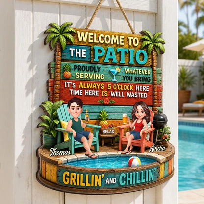 Personalized Wooden Sign with Cartoon Couple Patio Scene, Unique Gift for Couples