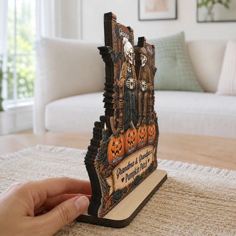 Personalized Wooden Plaque, Skeleton Couple Holding Mugs, Warm Autumn Family Keepsake and Creative Gift