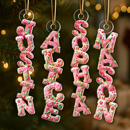 Custom Name Gingerbread Acrylic Ornament for Christmas Tree, Festive Pink Letters Keepsake, Unique Holiday Gift for Children