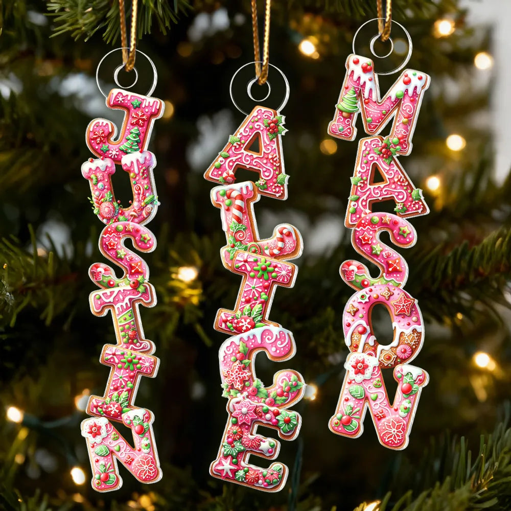 Custom Name Gingerbread Acrylic Ornament for Christmas Tree, Festive Pink Letters Keepsake, Unique Holiday Gift for Children