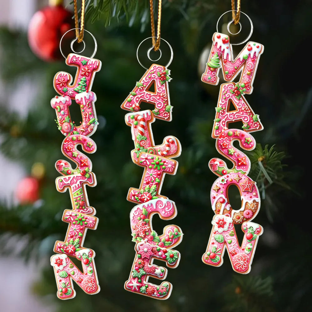 Custom Name Gingerbread Acrylic Ornament for Christmas Tree, Festive Pink Letters Keepsake, Unique Holiday Gift for Children