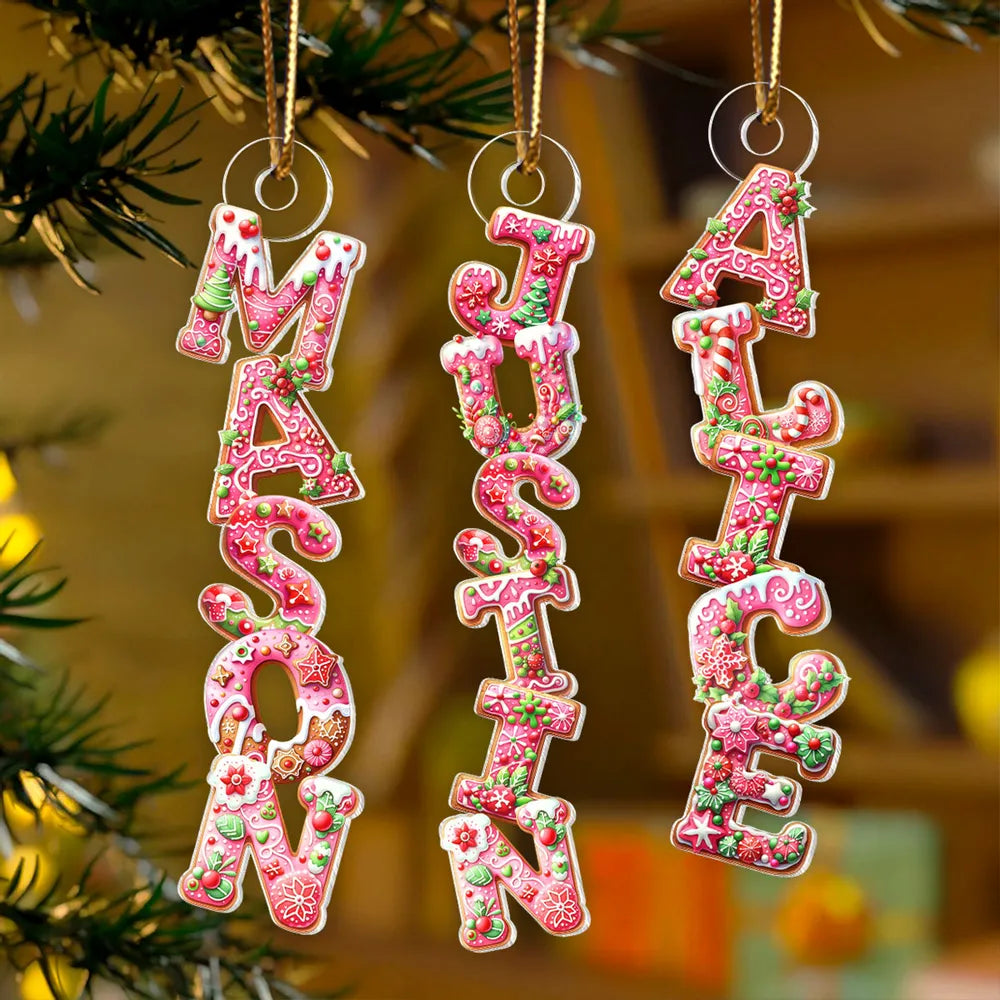 Custom Name Gingerbread Acrylic Ornament for Christmas Tree, Festive Pink Letters Keepsake, Unique Holiday Gift for Children