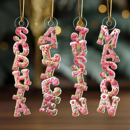 Custom Name Gingerbread Acrylic Ornament for Christmas Tree, Festive Pink Letters Keepsake, Unique Holiday Gift for Children