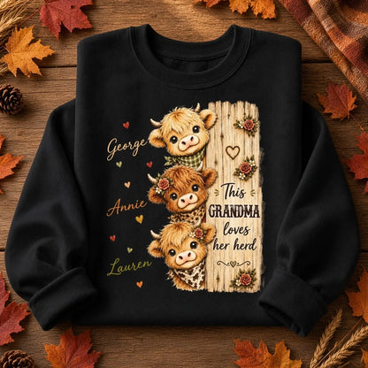 Personalized Grandma Sweatshirt with Highland Cow Herd, Unique Gift for Everyday Family Love