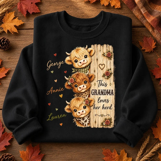 Personalized Grandma Sweatshirt with Highland Cow Herd, Unique Gift for Everyday Family Love
