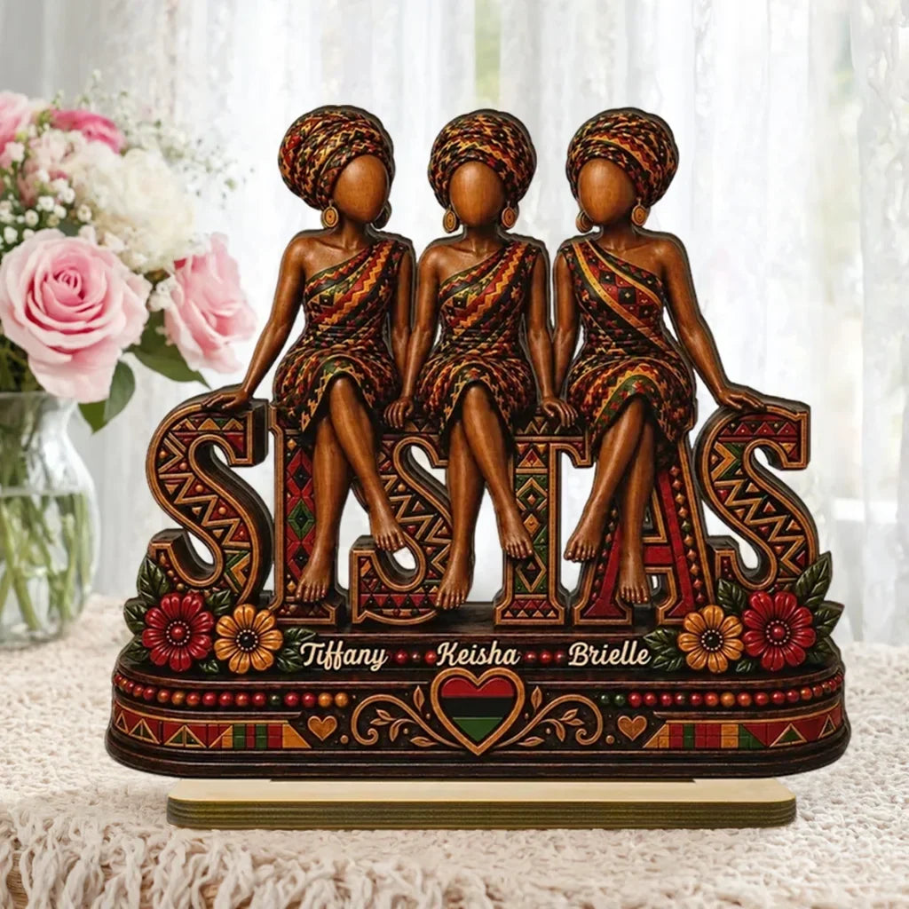 Personalized Wooden Plaque with Seated Sistas Art, Unique Gift for Close Friends & Sisters