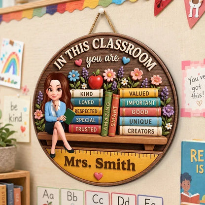 Personalized Teacher And Books Classroom Wooden Sign