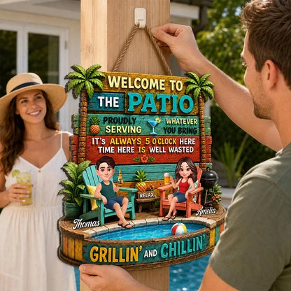 Personalized Wooden Sign with Cartoon Couple Patio Scene, Unique Gift for Couples