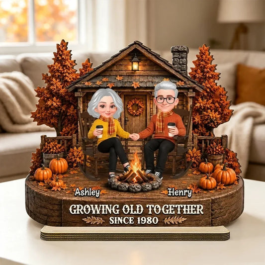 Personalized Wooden Plaque with Holding Hands Couple in Fall Cabin Scene, Unique Gift for Couple