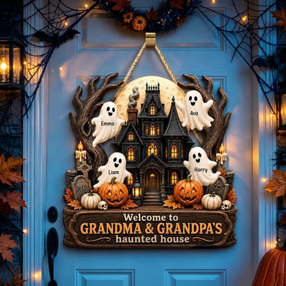 Personalized Wooden Sign with Haunted House Ghosts & Pumpkins, Halloween Door Decor, Unique Gift for Grandparents