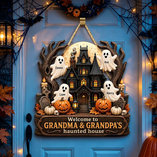 Personalized Wooden Sign with Haunted House Ghosts & Pumpkins, Halloween Door Decor, Unique Gift for Grandparents