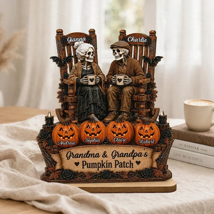 Personalized Wooden Plaque, Skeleton Couple Holding Mugs, Warm Autumn Family Keepsake and Creative Gift