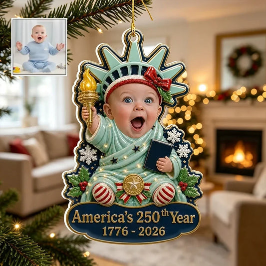 Personalized Acrylic Ornament, Baby Holding a Torch as Statue of Liberty, Unique Christmas Gift for Parents