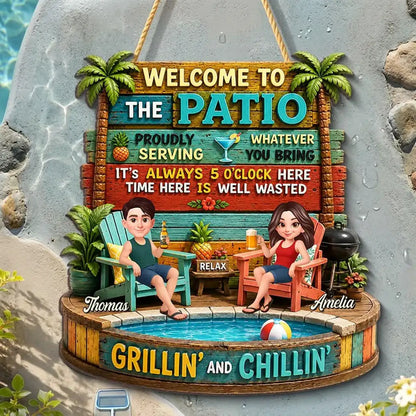 Personalized Wooden Sign with Cartoon Couple Patio Scene, Unique Gift for Couples