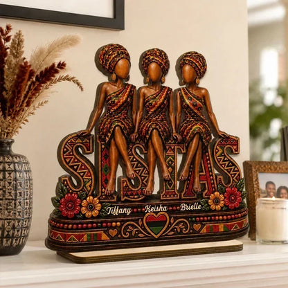Personalized Wooden Plaque with Seated Sistas Art, Unique Gift for Close Friends & Sisters