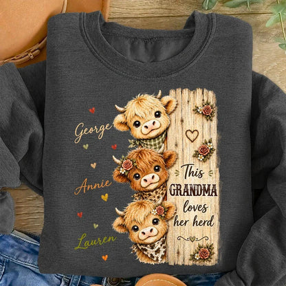 Personalized Grandma Sweatshirt with Highland Cow Herd, Unique Gift for Everyday Family Love