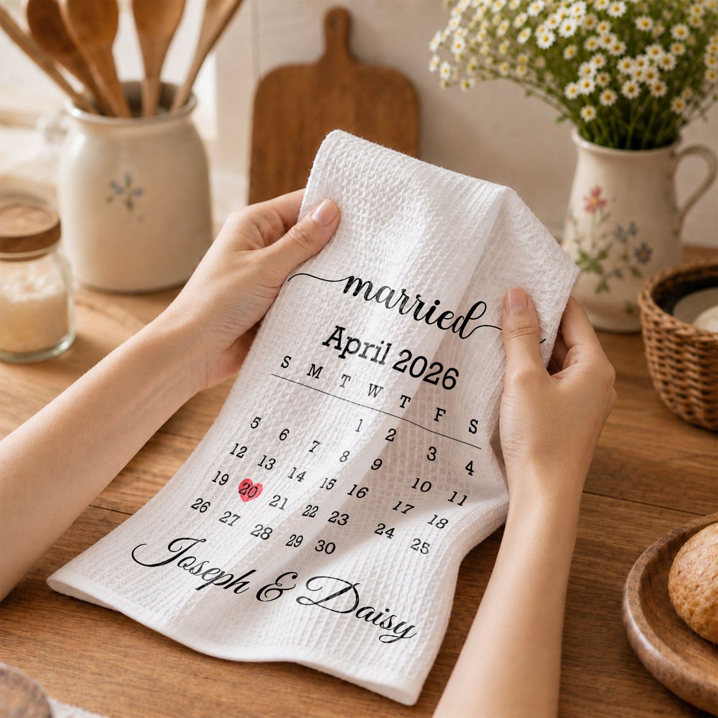 Personalized Kitchen Towel With Heart Marked Special Date, Creative Romantic Gift for a Couple