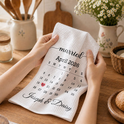 Personalized Kitchen Towel With Heart Marked Special Date, Creative Romantic Gift for a Couple