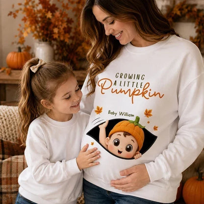 Personalized Baby Pumpkin Sweatshirt, Mom Cradling Baby Bump, Creative Autumn Gift for Mom-to-Be