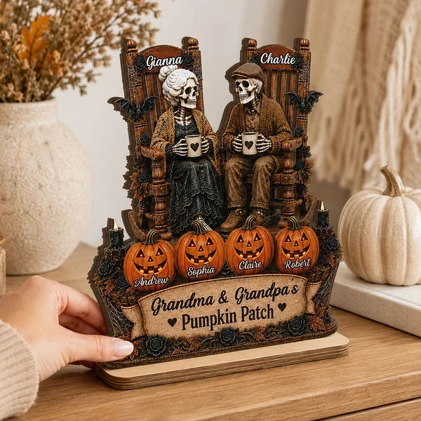 Personalized Wooden Plaque, Skeleton Couple Holding Mugs, Warm Autumn Family Keepsake and Creative Gift