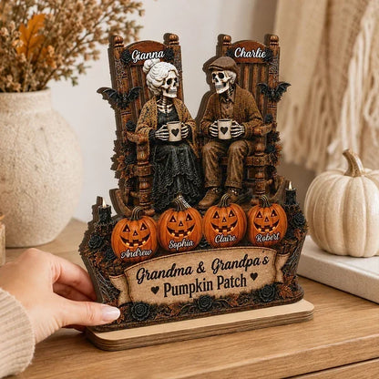Personalized Wooden Plaque, Skeleton Couple Holding Mugs, Warm Autumn Family Keepsake and Creative Gift