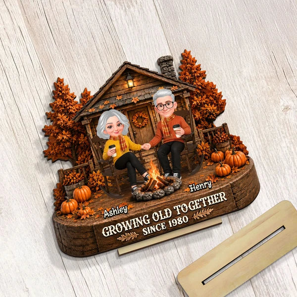 Personalized Wooden Plaque with Holding Hands Couple in Fall Cabin Scene, Unique Gift for Couple