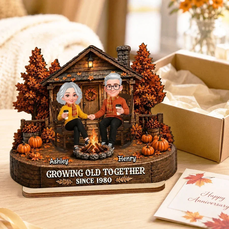Personalized Wooden Plaque with Holding Hands Couple in Fall Cabin Scene, Unique Gift for Couple