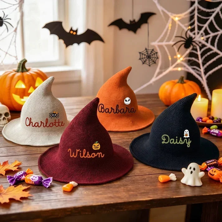 Knitted Witch Hat, Personalized Trick or Treat Keepsake, Creative Halloween Gift for Kids