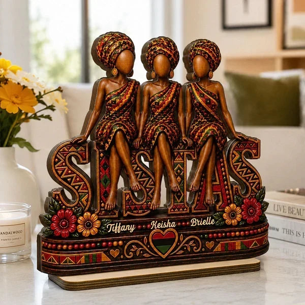 Personalized Wooden Plaque with Seated Sistas Art, Unique Gift for Close Friends & Sisters