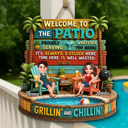 Personalized Wooden Sign with Cartoon Couple Patio Scene, Unique Gift for Couples